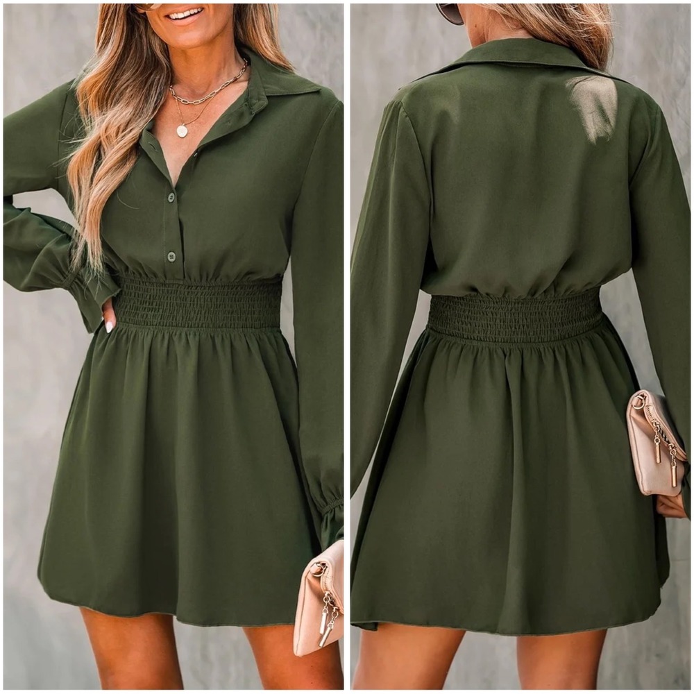 CUPSHE Womens Smocked Button-Front Mini Dress Olive Green Long Sleeve Size XS